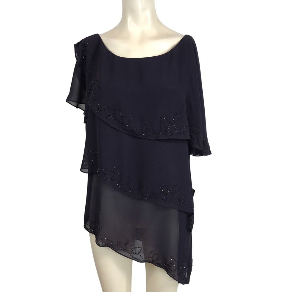 COLDWATER CREEK - WOMEN'S 12 -  NAVY‎ BEADED ASYMMETRICAL POLYESTER DRESS TOP